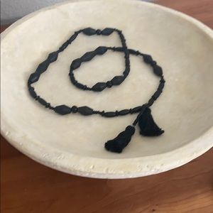 Black wood beaded necklace with tassels. 20” long